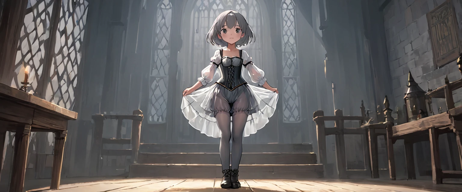 8 year old medieval girl, underwear姿、Knee-length semi-transparent bloomers（underwear）Wearing、Wearing a semi-transparent corset、Translucent slip, Grey translucent tights