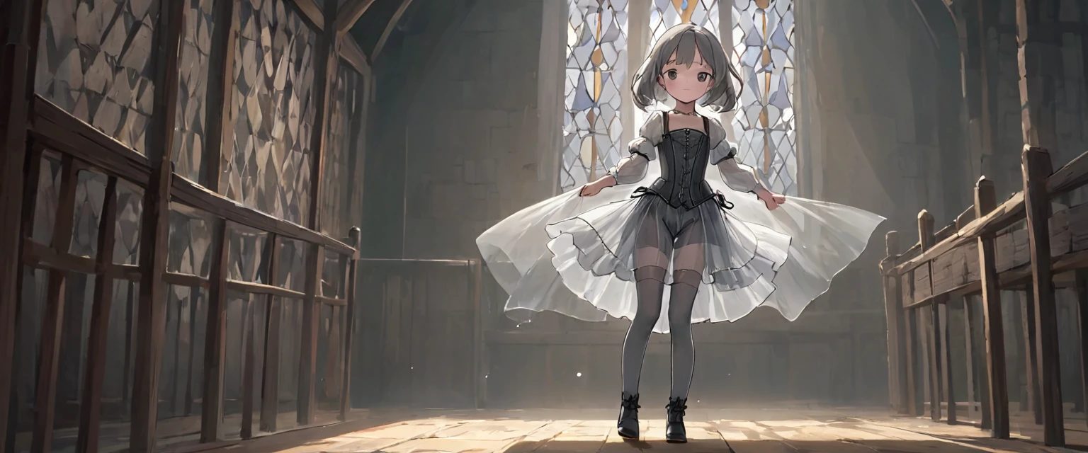 8 year old medieval girl, underwear姿、Knee-length semi-transparent bloomers（underwear）Wearing、Wearing a semi-transparent corset、Translucent slip, Grey translucent tights