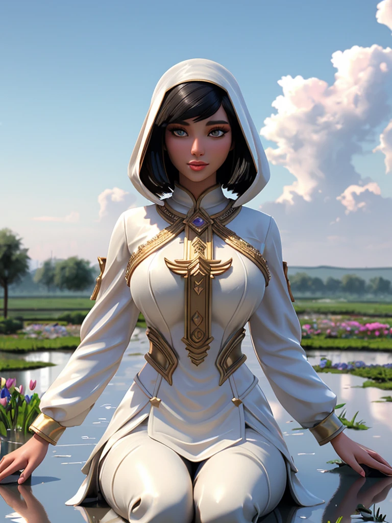 A queen, arabian, gorgeous face, hourglass body, bobcut hair, huge breasts size, naked, cloudy sky, rainy, mud puddles, soft bloom1.1, highly detailed body, ray tracing, (detailed skin complexion1.1), ambient occlusion, best quality, natural colors, 3D rendering