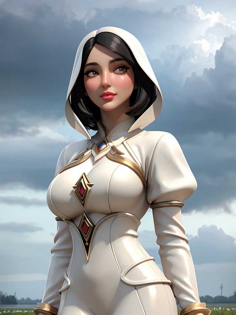 A queen, arabian, gorgeous face, hourglass body, bobcut hair, huge breasts size, naked, cloudy sky, rainy, mud puddles, soft bloom1.1, highly detailed body, ray tracing, (detailed skin complexion1.1), ambient occlusion, best quality, natural colors, 3D rendering