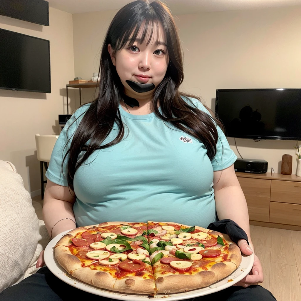 (((Very fat)))、1 female、Fat belly、Eating a big pizza、In the living room、In plain clothes、