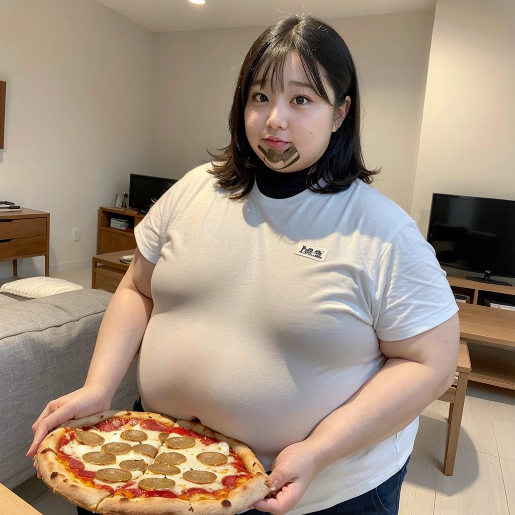 (((Very fat)))、1 female、Fat belly、Eating a big pizza、In the living room、In plain clothes、