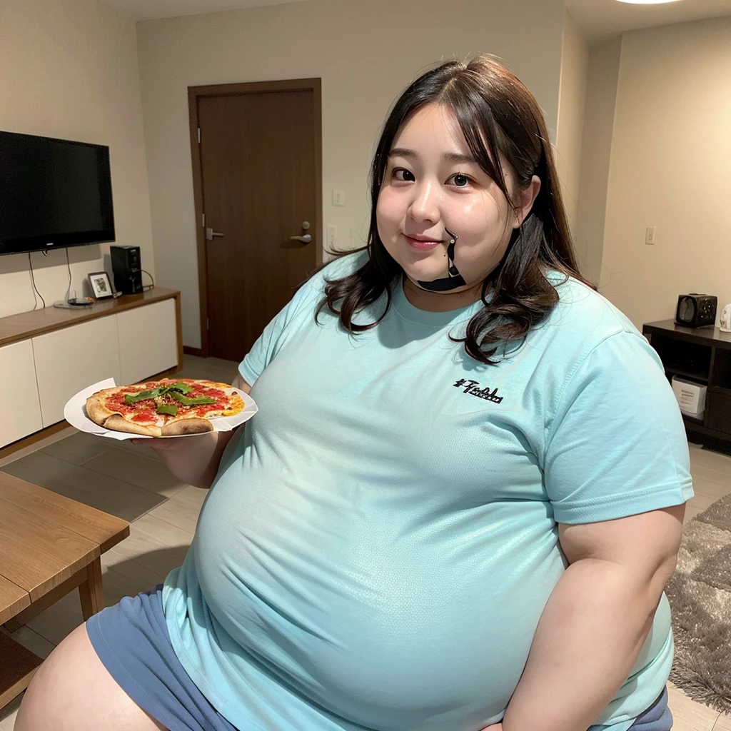 (((Very fat)))、1 female、Fat belly、Eating a big pizza、In the living room、In plain clothes、