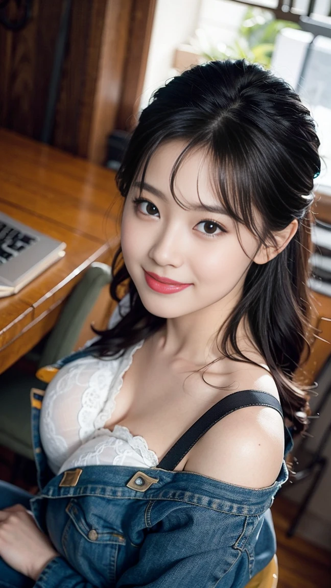 best quality, masterpiece, beautiful and aesthetic, 16K, (HDR:1.4), high contrast, bokeh:1.2, lens flare, (vibrant color:1.4), (muted colors, dim colors, soothing tones:0), cinematic lighting, ambient lighting, sidelighting, Exquisite details and textures, cinematic shot, Warm tone, (Bright and intense:1.2), wide shot, by playai, ultra realistic illustration, siena natural ratio, anime style, a picture from a high angle, a view from above, long Straight black hair with blunt bangs, (a charming smile:1), Gray bracelet, a oversized off-shoulder pink an oversized T-shirt, jeans, playing Gibson bass guitar, a sexy instagram Hot Swiss model, with a tattoo, oversized clevage, Broken Glass effect, no background, stunning, something that even doesn't exist, mythical being, energy, molecular, textures, iridescent and luminescent scales, breathtaking beauty, pure perfection, divine presence, unforgettable, impressive, breathtaking beauty, Volumetric light, auras, rays, vivid colors reflects.