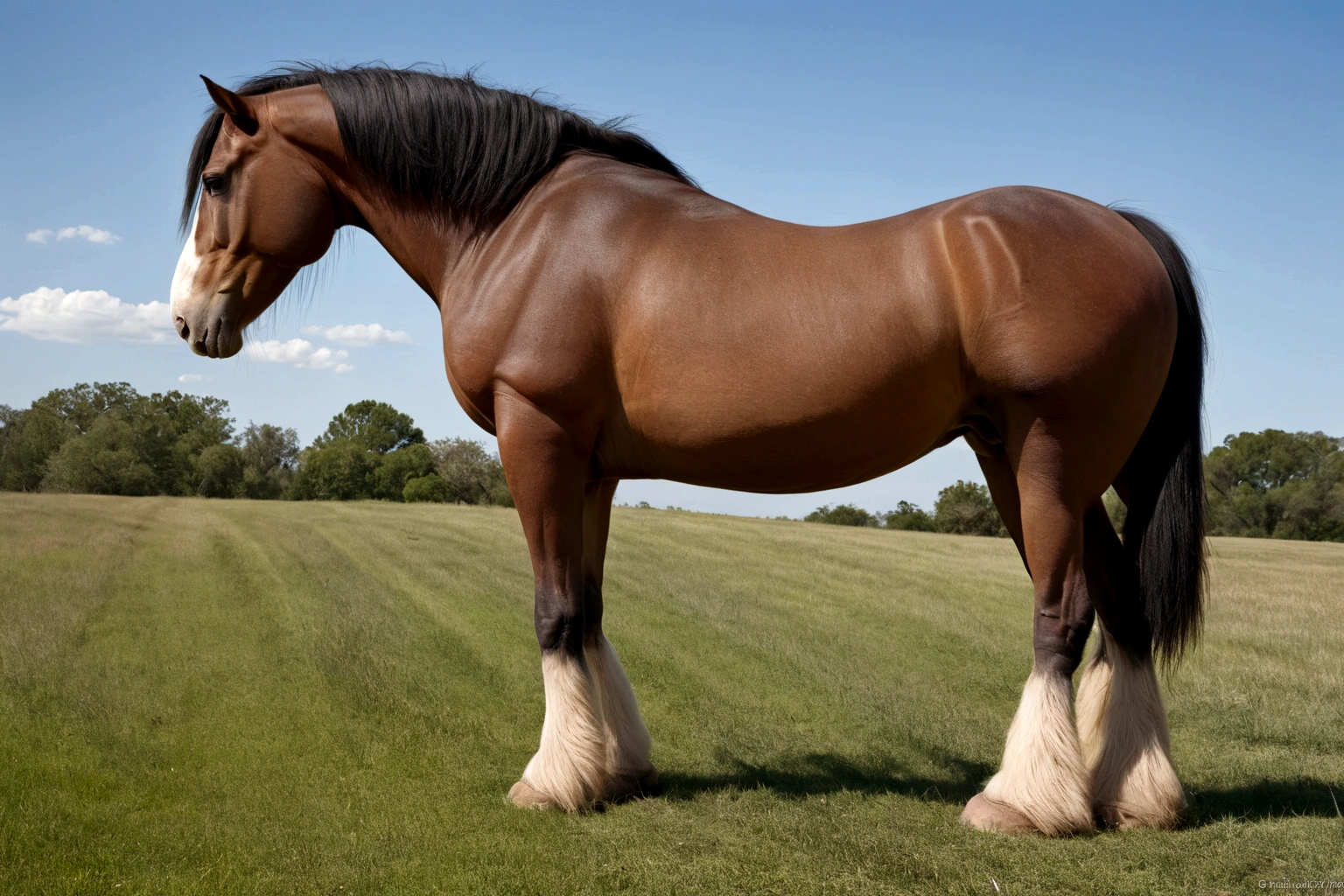 full side view of a big fat Clydesdale horse mare with a massive bum and a very short tail. horse facing horizon . ridden by a BBW very full figured very dark skinned BBW nude African woman riding horse. flat grass meadow. looking to horizon . a single huge pile of steaming horse dung on the ground behind horse. cloudless blue sky.