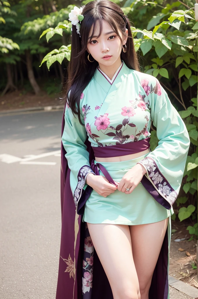 (Photo-realistic,Ultra-realistic 8k CG:1.2),Perfect work of art,Exquisite pattern, (best quality,Intricate details,Extremely complex:1.2),70mm telephoto lens, Perfect lighting,Detailed lighting,Dramatic shadows,Ray Tracing,bloom, ------------------------------- (ulzzang6500V),(Idol),(Detailed clothing features),Exquisite makeup,posture, (1 Girl,Solitary:1.2),Miss,Girlish feeling,Bright Eyes,(Delicate eyes), (Very long hair,Hair accessories:1.4), ------------------------------- (Ribbon tied in front:1.3),earrings,Filigree,Separate sleeves,Wide sleeves, (armband:1.2),Jewelry, ------------------------------- (horizon,long term,distant,Leaves and plants in front:1.2),Simple background, ------------------------------- (PoV legs,thigh,Green Hanfu top,Print the top,Printed skirt,Short light green skirt,Hair accessories:1.3), 