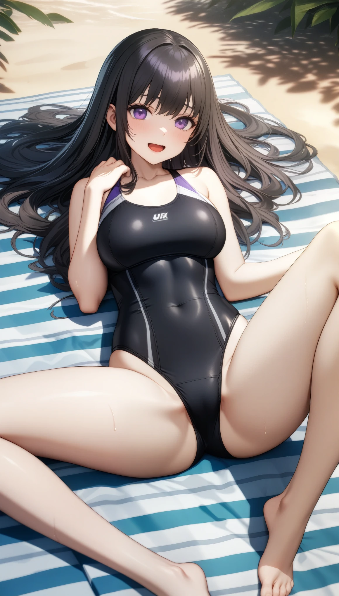 32k, best quality, ultra high res, HDR, UHD, extremely detailed CG, unity 32k wallpaper, very cute, , 1 person, Purple eyes, ((black competitive swimsuit)), Beach, black long hair, (large breasts), (Laugh shyly), ((Lie down on a picnic sheet)), (((Spread your legs wide))),