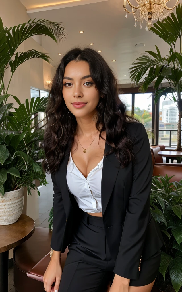 1 adult woman, longye hair, curly hair, black hair color, smooth skin, eyes browns, sorrido, vegetation, Occasional, Businesswoman style clothes, red blazer, realisitic, with background in a fancy restaurant, 8k super realisitic, super detalhado e realisitic