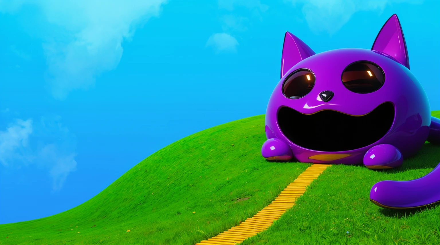 The image depicts a whimsical house designed to resemble a shiny purple cat with a wide, joyful expression. The house is rounded with exaggerated cat features, including large, pointy ears, big black eyes, and a wide-open mouth forming a comical and inviting entrance. The structure sits on a vibrant green hill, with an orange pathway leading up to it, giving a playful and imaginative atmosphere. The sky is a clear blue, enhancing the bright and cheerful scene. The overall design combines creativity and fun, making the house look like a lively, animated character. Create цветной рендеринг zbrush. perfect cgi, cgi art created only with gradients, smooth silhouette, Create ultra sharp skin, high intensity refraction, (plastic material), most beautiful vfx, blue background, plastic refractions, glossy texture, smooth 3d model, multiple light sources, rim light, sharp post effects render, (glossy plastic texture with multiple big light probe refractions), perfect cgi, cgi art created only with gradients, smooth silhouette, high intensity refraction, (plastic material), most beautiful vfx, blue background, plastic refractions