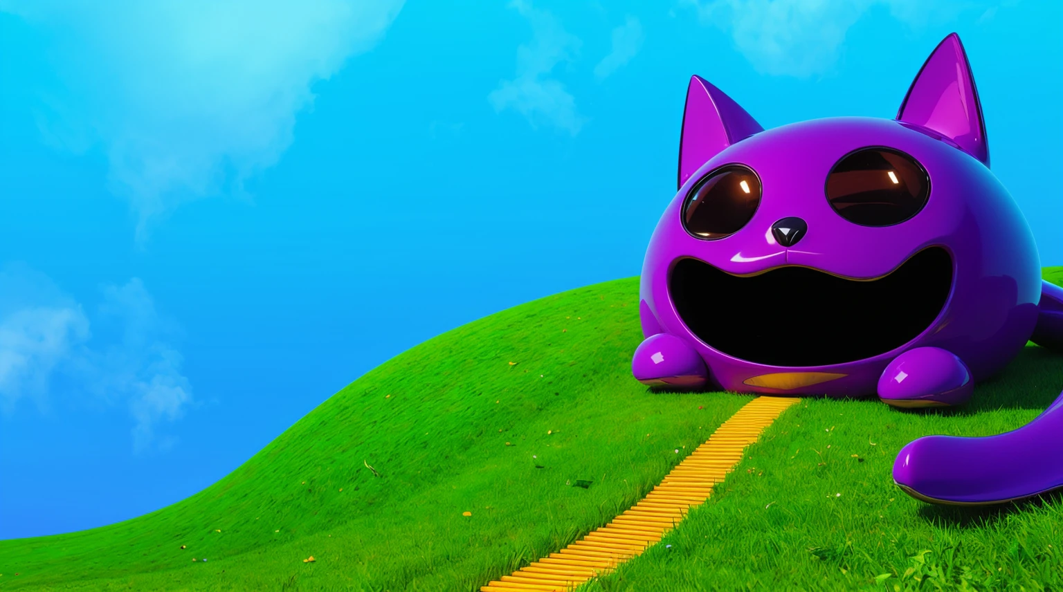 The image depicts a whimsical house designed to resemble a shiny purple cat with a wide, joyful expression. The house is rounded with exaggerated cat features, including large, pointy ears, big black eyes, and a wide-open mouth forming a comical and inviting entrance. The structure sits on a vibrant green hill, with an orange pathway leading up to it, giving a playful and imaginative atmosphere. The sky is a clear blue, enhancing the bright and cheerful scene. The overall design combines creativity and fun, making the house look like a lively, animated character. Create цветной рендеринг zbrush. perfect cgi, cgi art created only with gradients, smooth silhouette, Create ultra sharp skin, high intensity refraction, (plastic material), most beautiful vfx, blue background, plastic refractions, glossy texture, smooth 3d model, multiple light sources, rim light, sharp post effects render, (glossy plastic texture with multiple big light probe refractions), perfect cgi, cgi art created only with gradients, smooth silhouette, high intensity refraction, (plastic material), most beautiful vfx, blue background, plastic refractions