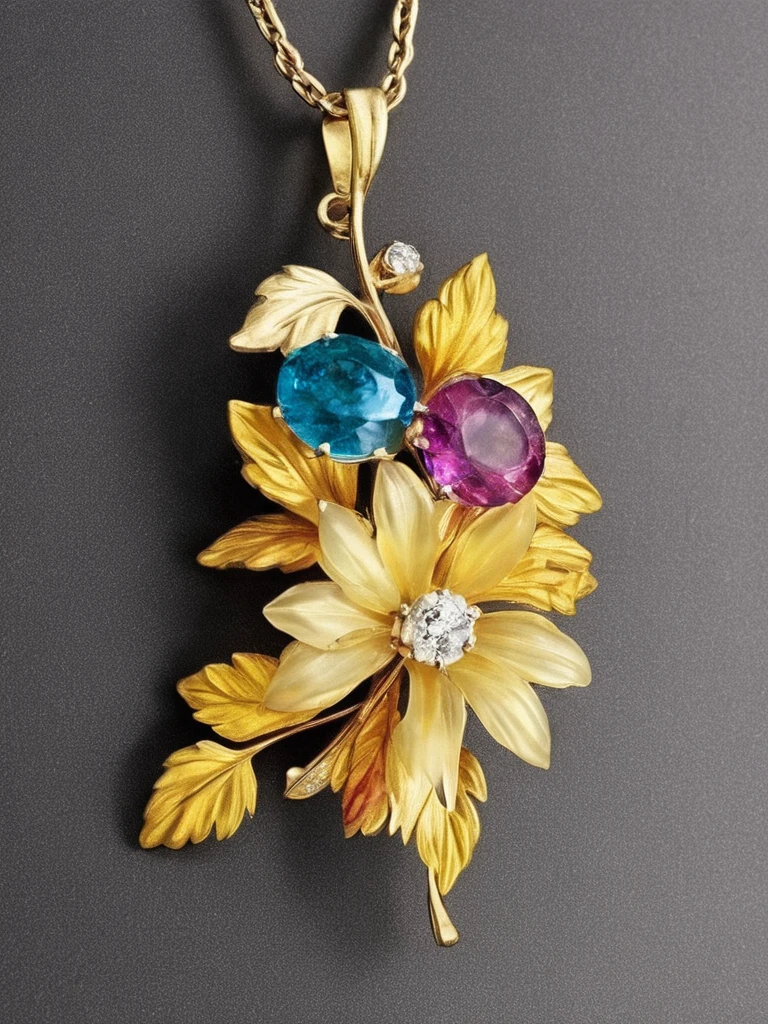 Image of, close,  FlowerMD_jewelry,Chinese_SP Style,Colorful dahlia with gemstones and diamonds in a bottle,  Gemstone Leaf, Golden ,Dynamic simple background, Faint Light, Front view ,movie 
