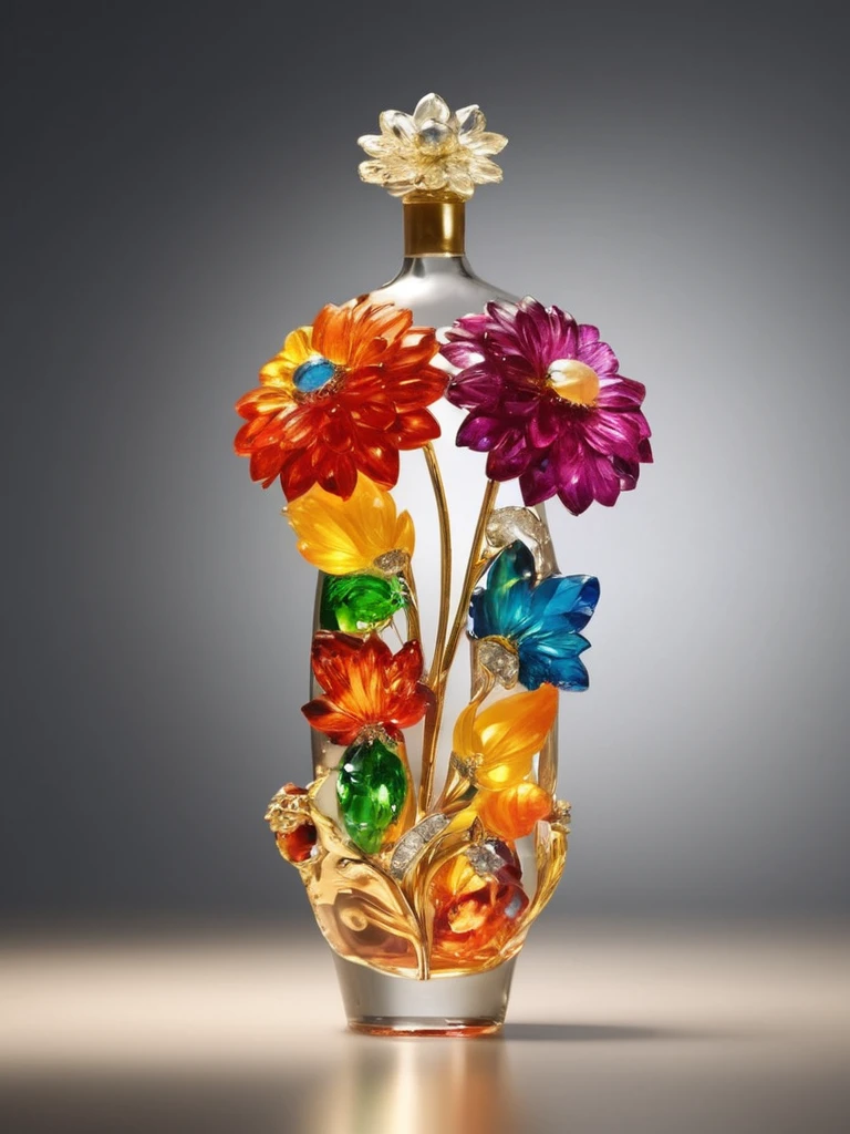 Image of, close, FlowerMD_jewelry,Chinese_SP Style,Colorful dahlia with gemstones and diamonds in a bottle, Gemstone Leaf, Golden ,Dynamic simple background, Faint Light, Front view ,movie