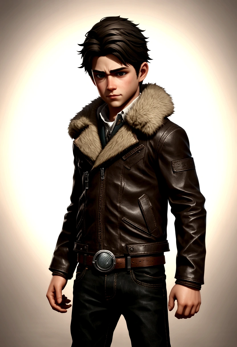 1 boy, re4leon's cowboy lens, Fur trim leather jacket, Long sleeve, Black jeans, Volumetric Lighting, sports, best quality, masterpiece, Intricate details, Tone Mapping, Clear focus, Ultra Detailed, Popular on ArtStation, Looking at the audience, Practical
