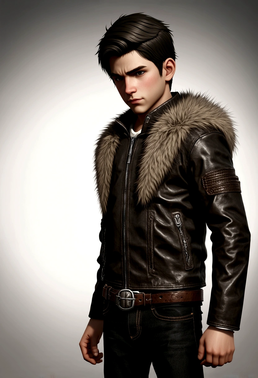 1 boy, re4leon&#39;s cowboy lens, Fur trim leather jacket,  Long sleeve, Black jeans, Volumetric Lighting, sports, best quality, masterpiece, Intricate details, Tone Mapping, Clear focus, Ultra Detailed, Popular on ArtStation, Looking at the audience, Practical 