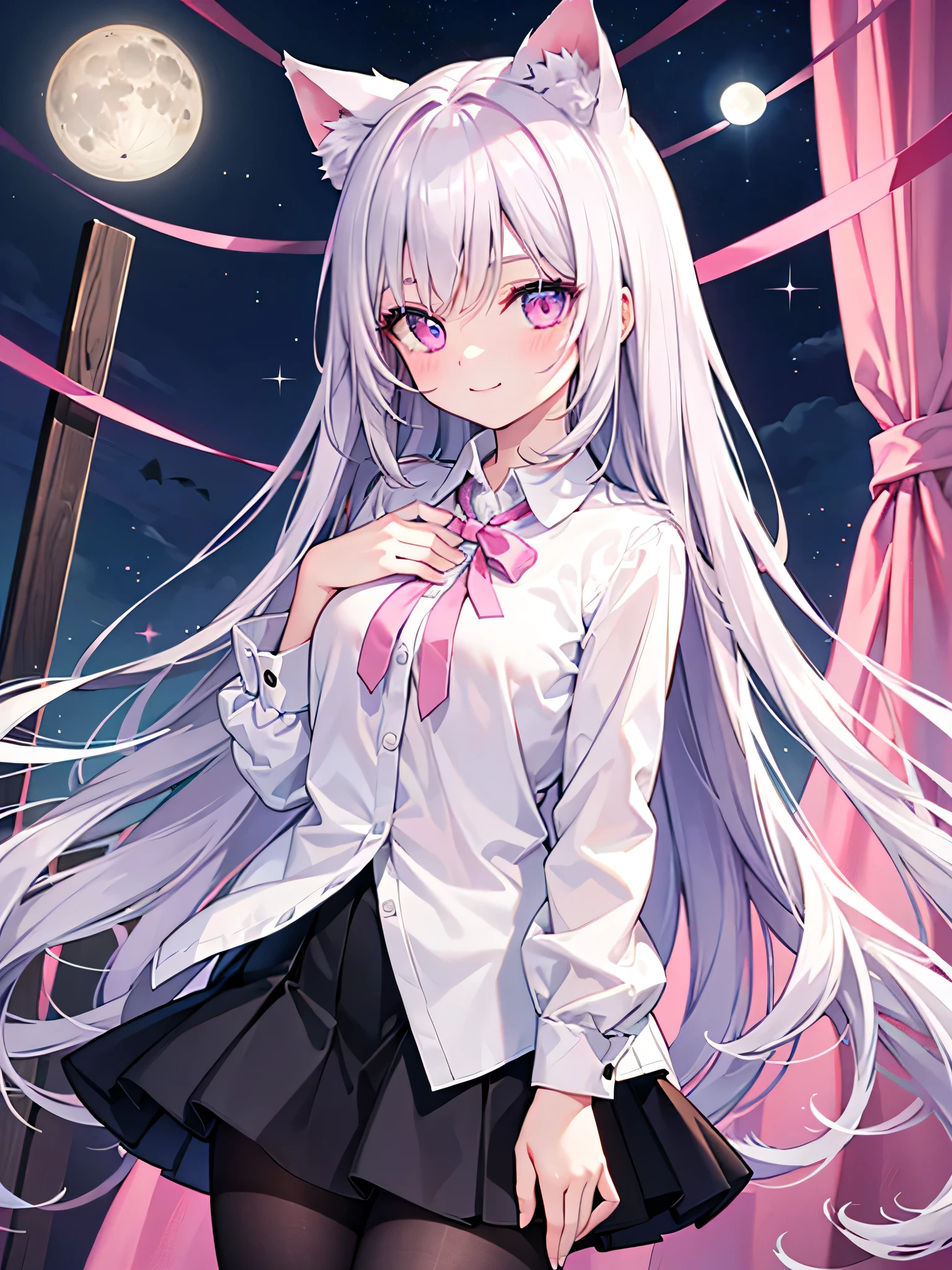 Highly detailed face,fine grain,Sparkling eyes,Highlighted eyes,Medium chest,pretty girl,smile,Cat ear,Beautiful silver hair,Pink inside,Beautiful pink eyes,Oversized shirt、skirt,black tights,moon