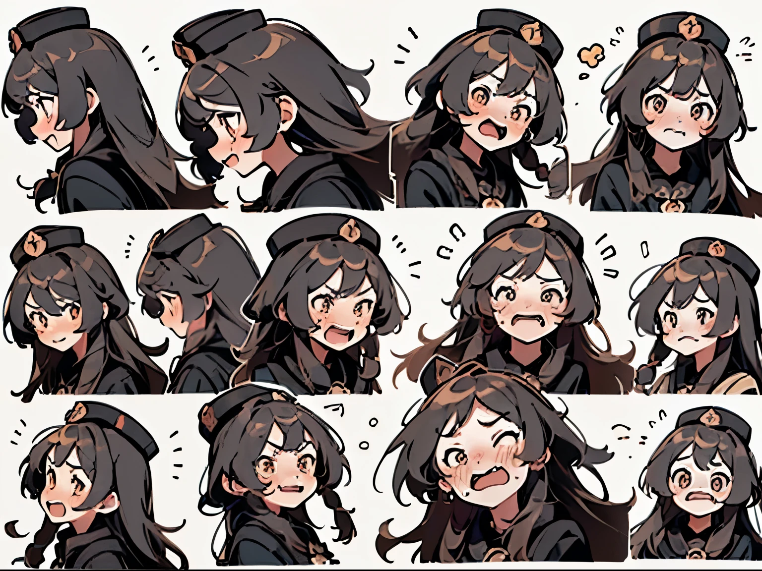 Genshin Impact Walnut,Black hat,Facial Expressions, Nine-grid,(((Crying face, Sad face, Excited face, Poker face,Various emotions,Different expressions))) , (((Detailed girl portrait table, Front diagram, side view, three quarter view))) (((White background)))