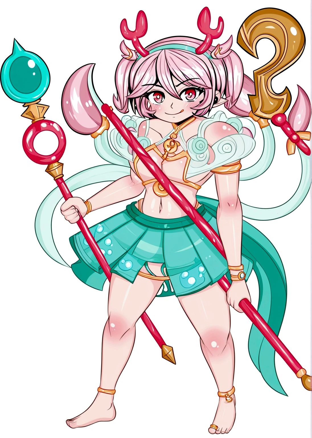 Cartoon anime style,girl,Pink hair,antlers,skirt,Scepter,Standing barefoot,Foot ring