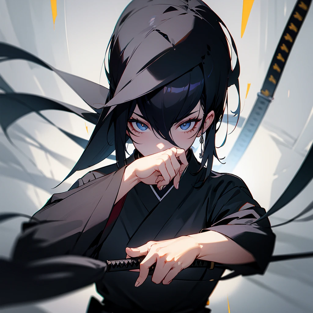Man, black hair, yeux noir, mask between nose and chin, Katana at the waist
