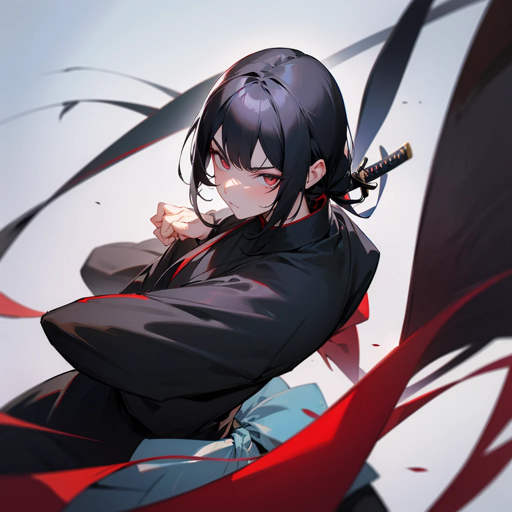 Man, black hair, yeux noir, mask between nose and chin, Katana at the waist