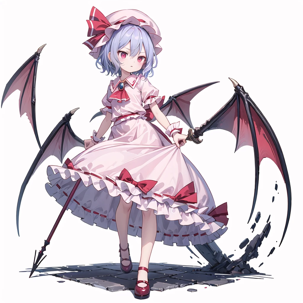 (((one women))),(((remilia scarlet))),(touhou), red eyes, short hair, purple hair, light purple hair, blue hair, slit pupils, fang, bat wings, white headwear, pink headwear, mob cap, white shirt, pink shirt, collared shirt, frilled shirt collar, red ascot, puffy short sleeves, frilled sleeves, wrist cuffs, white skirt, pink skirt, skirt set, frilled skirt, red ribbon, hat ribbon, waist bow, red bow, spear the gungnir, brooch, holding,(((full body))),(((model posing))),(((white background))),(((Angle from below)))