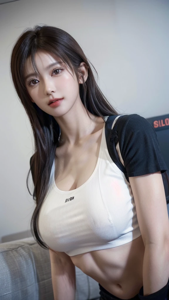 (((hd closeup photo))), one standing Anna-Maria alto looking at camera, fullbody-shot, low angle, in club, white underboob t-shirts