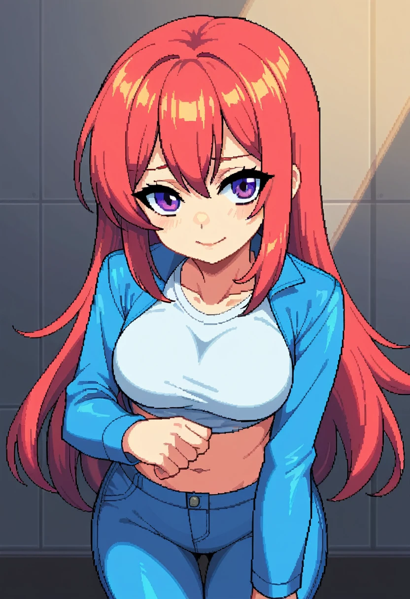 (Masterpiece, Best Quality, High Quality), facing viewer,volumetric lighting, illustration, beautiful, tight , Blushing, looking at viewer, blue leather bra top, blue leather small jacket, blue leather shorts,solo, posing for picture, seductive, perfect lighting, perfect shadows, nishikino maki, purple eyes,red hair, pixel art 