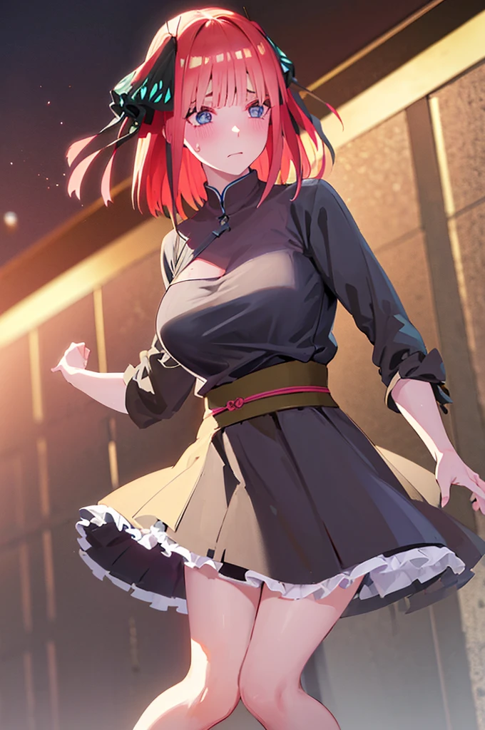 short hair, bangs, blue eyes, hair ornaments, Hair Ribbon, Pink Hair, blunt bangs, Both sides up, butterfly hair ornaments, skirt, No sleeve、、Random color see-through kunoichi costume、Japanese see-through female samurai costume、See-through female ninja costume,, Open clothes, Collared dress emphasizes cleavage、胸の谷間のSweat is noticeable、Professional lighting light reflection、 looking at viewer, (masterpiece:1.2), Highest quality, High resolution, unity 8k wallpaper, (figure:0.8), (Beautiful fine details:1.6), Highly detailed face, Perfect lighting, Highly detailed CG, (Perfect hands, Perfect Anatomy),heavy rain、heavy rainで全身びしょ濡れ、heavy rainで全身びしょ濡れの服、High heels、 ((Perfect handsの形))、(Perfect foot shape、Embarrassed expression blushing、、Gestures to seduce a man、Obscene pose、Shining Sweat、Perfect Skin,Sweat is noticeable、太もものSweat is noticeable、、 Fair skin,Tight waist, Sweating profusely、Sweaty hair、Sweaty clothes、Sweaty、Visible sweat、rain-wet hair、Large, high-quality stained glass、Vast Western Churches