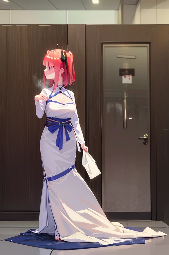 short hair, bangs, blue eyes, hair ornaments, Hair Ribbon, Pink Hair, blunt bangs, Both sides up, butterfly hair ornaments, skirt, No sleeve、、Random color see-through kunoichi costume、Japanese see-through female samurai costume、See-through female ninja costume,, Open clothes, Collared dress emphasizes cleavage、胸の谷間のSweat is noticeable、Professional lighting light reflection、 looking at viewer, (masterpiece:1.2), Highest quality, High resolution, unity 8k wallpaper, (figure:0.8), (Beautiful fine details:1.6), Highly detailed face, Perfect lighting, Highly detailed CG, (Perfect hands, Perfect Anatomy),heavy rain、heavy rainで全身びしょ濡れ、heavy rainで全身びしょ濡れの服、High heels、 ((Perfect handsの形))、(Perfect foot shape、Embarrassed expression blushing、、Gestures to seduce a man、Obscene pose、Shining Sweat、Perfect Skin,Sweat is noticeable、太もものSweat is noticeable、、 Fair skin,Tight waist, Sweating profusely、Sweaty hair、Sweaty clothes、Sweaty、Visible sweat、rain-wet hair、Large, high-quality stained glass、Vast Western Churches