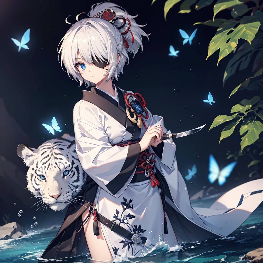 (((1 person)))　(((Put on an eye patch)))　((White Tiger))　((High resolution　short hair　Gray Hair　Black kimono　Shoulder　knifeを持つ　Hold with both hands))　((Black Band　samurai　Lonely　despair　blue eyes　Close-up))　((Blue Butterfly　night　Japanese style　old　Shining Aura　garden　water surface　full moon　Catch the wind))　(日本knife　knife)　moonlight　star　Draw your sword　Shining Background　Shining Edge