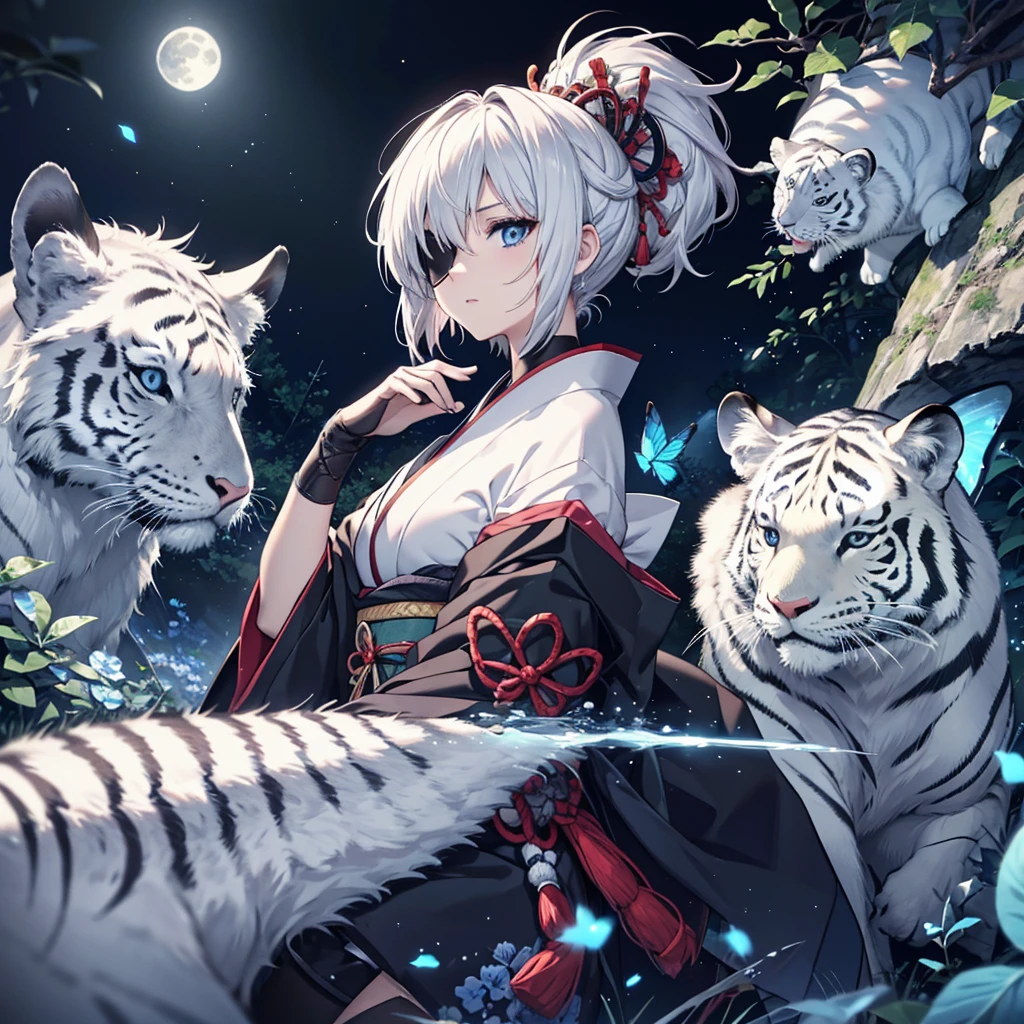 (((1 person))) (((Put on an eye patch))) ((White Tiger)) ((High resolution short hair Gray Hair Black kimono Shoulder knifeを持つ Hold with both hands)) ((Black Band samurai Lonely despair blue eyes Close-up)) ((Blue Butterfly night Japanese style old Shining Aura garden water surface full moon Catch the wind)) (日本knife knife) moonlight star Draw your sword Shining Background Shining Edge