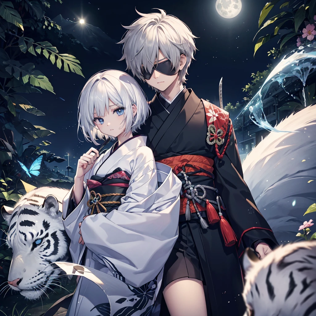 (((1 person)))　(((Put on an eye patch)))　((White Tiger))　((High resolution　short hair　Gray Hair　Black kimono　Shoulder　knifeを持つ　Hold with both hands))　((Black Band　samurai　Lonely　despair　blue eyes　Close-up))　((Blue Butterfly　night　Japanese style　old　Shining Aura　garden　water surface　full moon　Catch the wind))　(日本knife　knife)　moonlight　star　Draw your sword　Shining Background　Shining Edge
