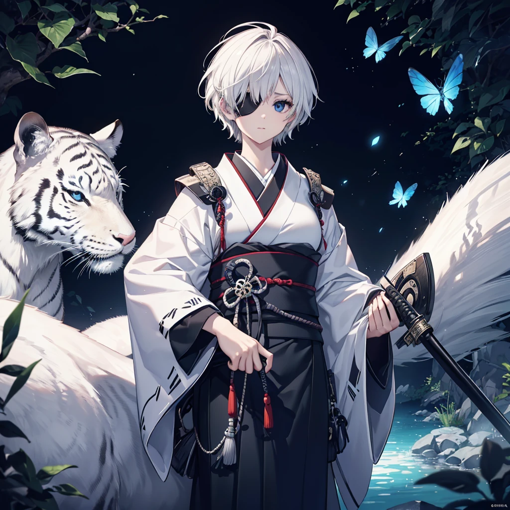 (((1 person)))　(((Put on an eye patch)))　((White Tiger))　((High resolution　short hair　Gray Hair　Black kimono　Shoulder　knifeを持つ　Hold with both hands))　((Black Band　samurai　Lonely　despair　blue eyes　Close-up))　((Blue Butterfly　night　Japanese style　old　Shining Aura　garden　water surface　full moon　Catch the wind))　(日本knife　knife)　moonlight　star　Draw your sword　Shining Background　Shining Edge