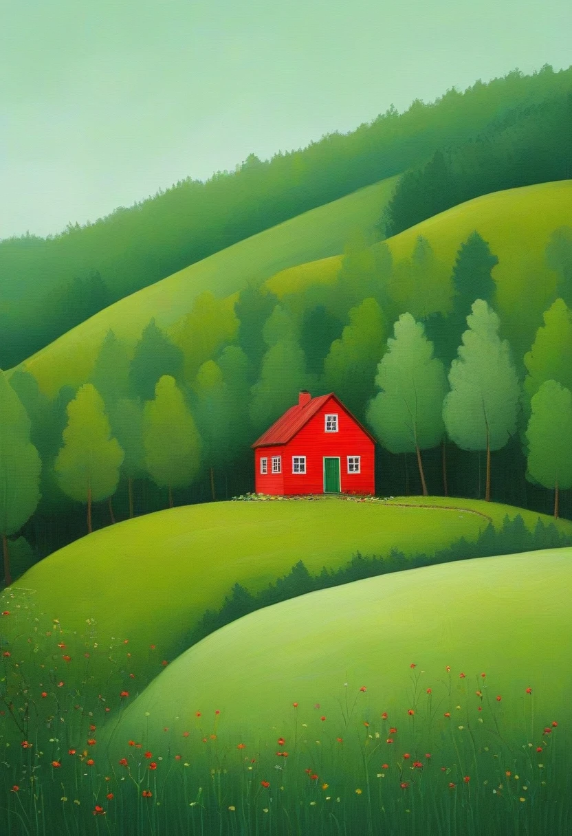 Minimalism,spring,forest,The little red house in the distance,Green Theme