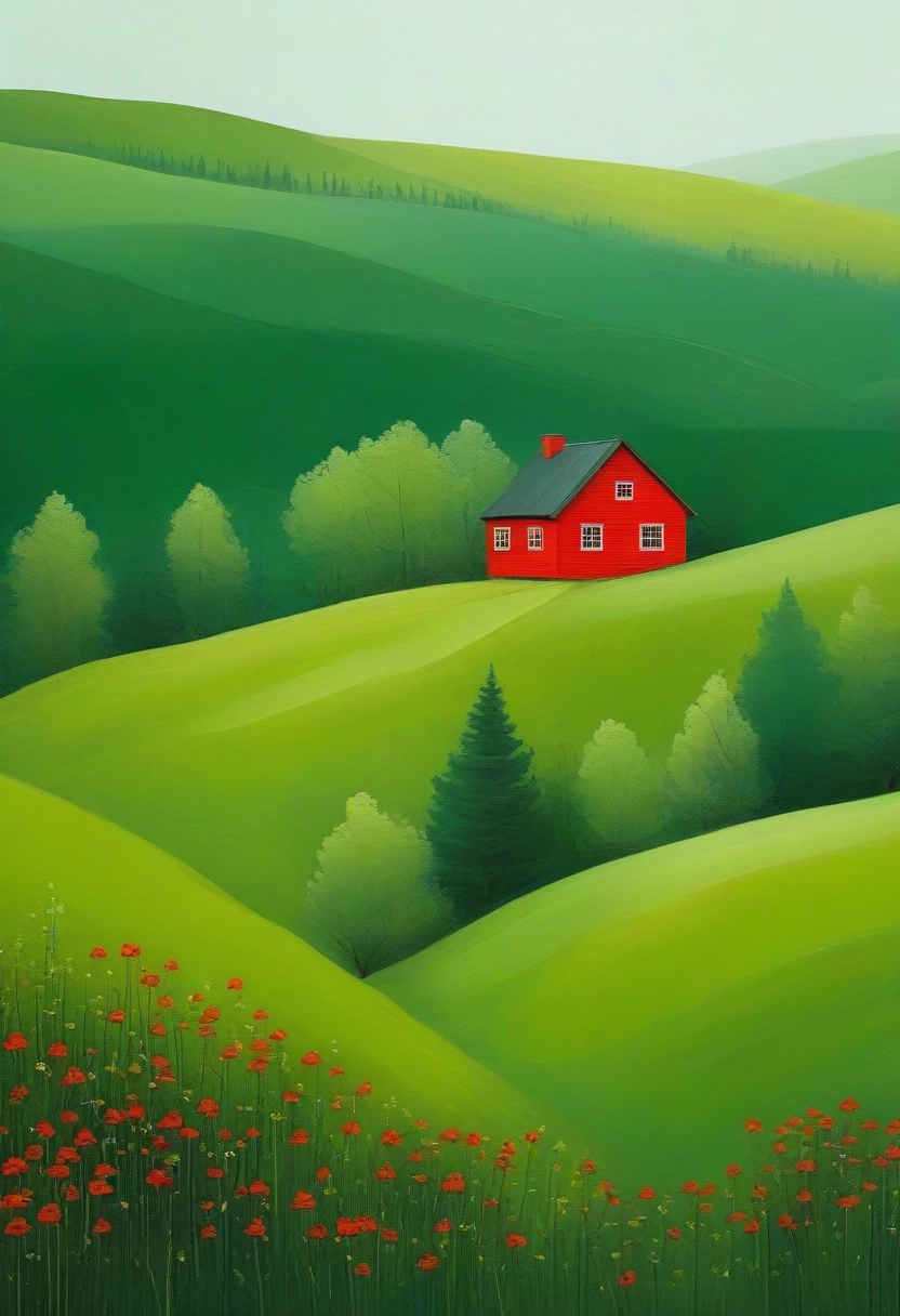 Minimalism,spring,forest,The little red house in the distance,Green Theme