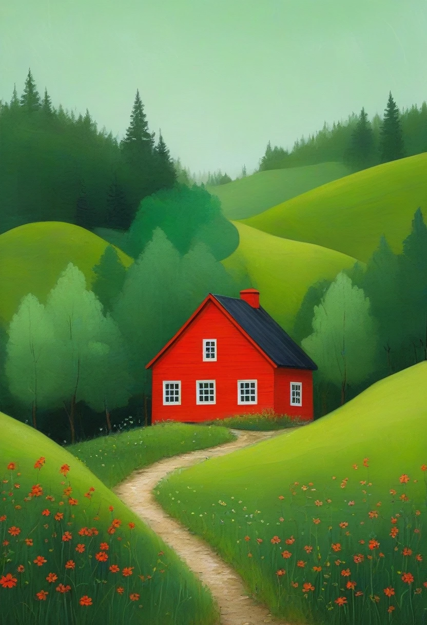 Minimalism,spring,forest,The little red house in the distance,Green Theme