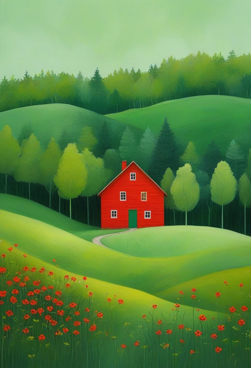 Minimalism,spring,forest,The little red house in the distance,Green Theme