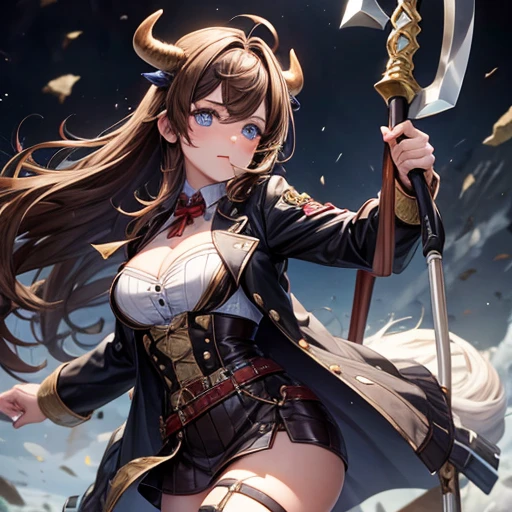 Brown haired Minotaur Blue-eyed beautiful boy Cow horn Cow earless Have a battle axe long hair Crossdresser Wearing a jacket