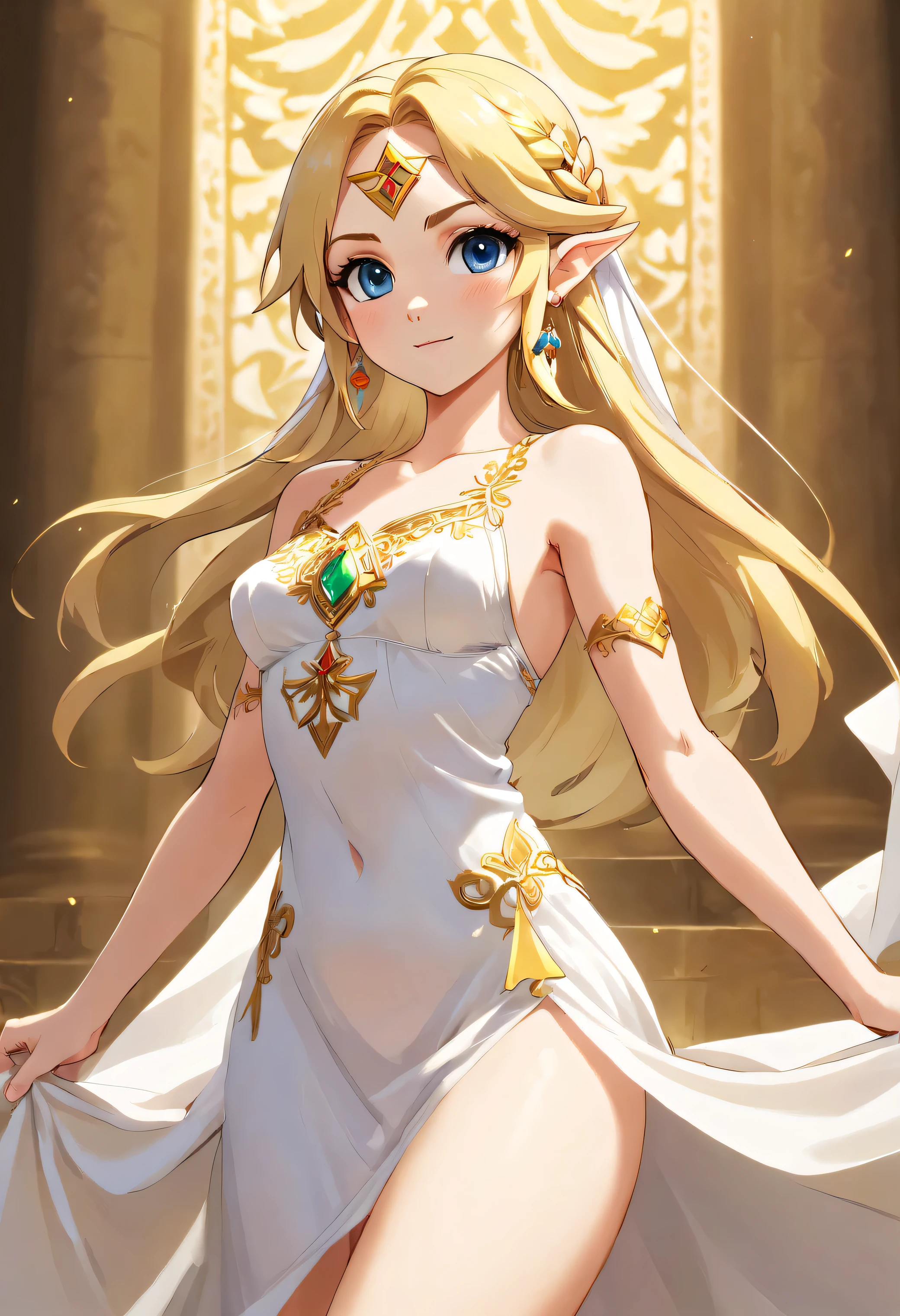 Beautiful biblical eve blonde white dress golden jewelry, Sensuel , white silk dress lingerie, very detailed, 4K, head of&#39;artwork, coup de buste