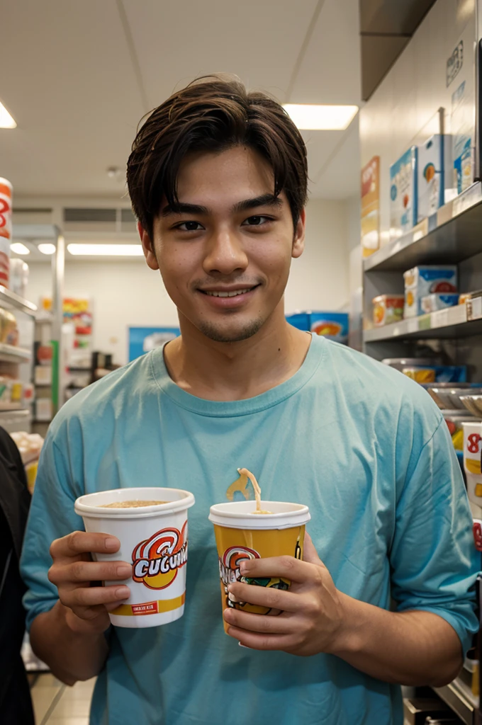 a guy holding a cup noodles