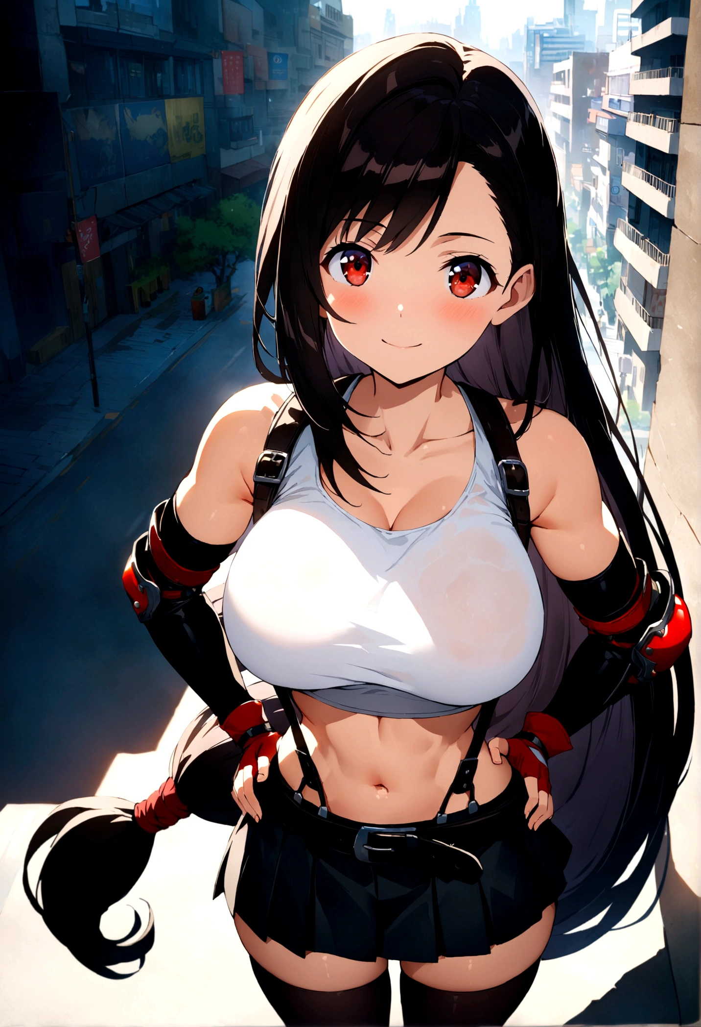 score_9, score_8_up, score_7_up,score_6, score_5,4k,BREAK , (from above:1),breast focus,standing,straight-on,,(upperbody),looking_at_viewer ,1girl, tifa lockhart, final fantasy, tareme,black hair, low-tied long hair, red eyes, bangs, white tank top, belt, pleated skirt, thighhighs, elbow fingerless gloves, elbow pads, midriff, navel,suspender skirt ,large_breasts,(light smile),Curvy waist,hands on hips,Solo,,(daytime and beachside and city),Toned,detailed skin,(best quality),aesthetic,very aesthetic,UHD,HDR,intricate detailed,anime,highly detailed,sharp focus,depth of field,,professional lighting,cinematic lighting,