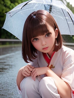 holding open transparent umbrella、heavy rain、1 girl crouching、On a puddle、Mini Chinese clothes、Bob Hair、Brown Hair、Medium breast、Weeping face、Detailed Background、On the road、Accurate Face、Beautiful face、Accurate anatomical limbasterpiece、Highest quality、Raw photo quality、8K)、