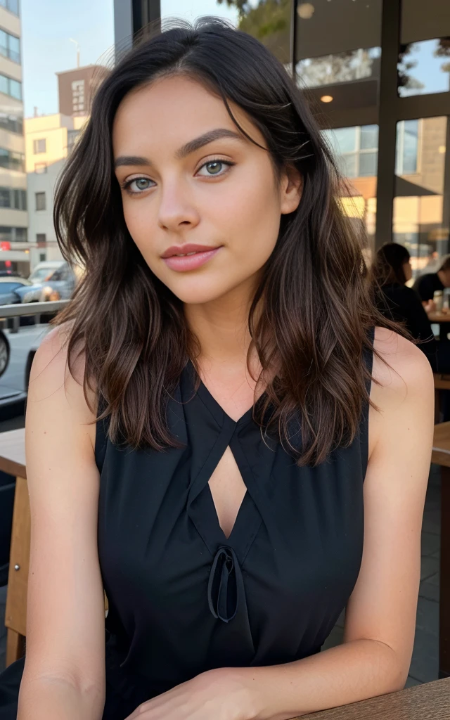 a woman sitting outside at a coffee shop, sitting at a table, 26 years old, wavy dark hair, natural wavy hair, wearing a cute black dress, front view, very detailed, blue eyes, natural blue eyes, high-res, materpiece, best quality, intricate details, sharp focus, detailed skin, realistic skin texture, detailed eyes, professional, 4k, canon shooting, perfect fit body, extremely detailed, photo realistic, real life, photo taken from 10 feet away, taken just after sunrise, no people in the background, high aperture photo