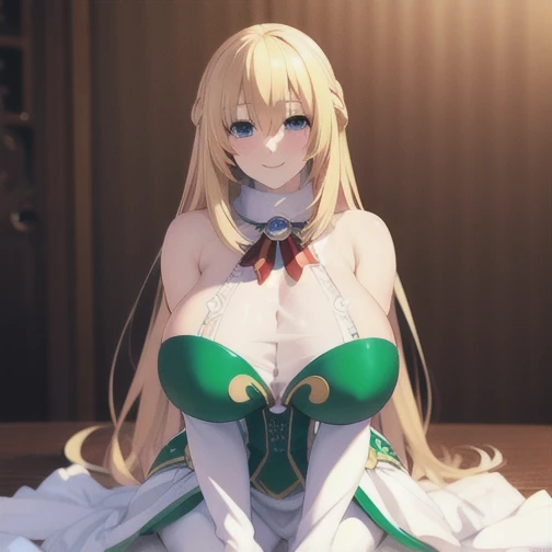 8k, 4k, intricate details, cinematic lighting, stunning environment, ornate, (realistic:1.1), detailed face, detailed eyes, detailed shadows, 1girl, curvy, blonde hair, blue eyes, blush, breasts, huge breasts, long hair, looking at viewer, white pantyhose, green and white dress, smile, solo, (vert_/neptune series/:1.1), very long hair, white gloves, white pantyhose,