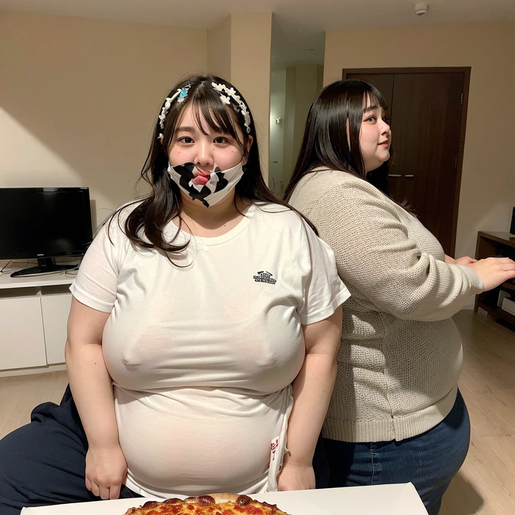 (((A very fat woman and a beautiful skinny woman)))、Eating a big pizza、In the living room、In plain clothes、