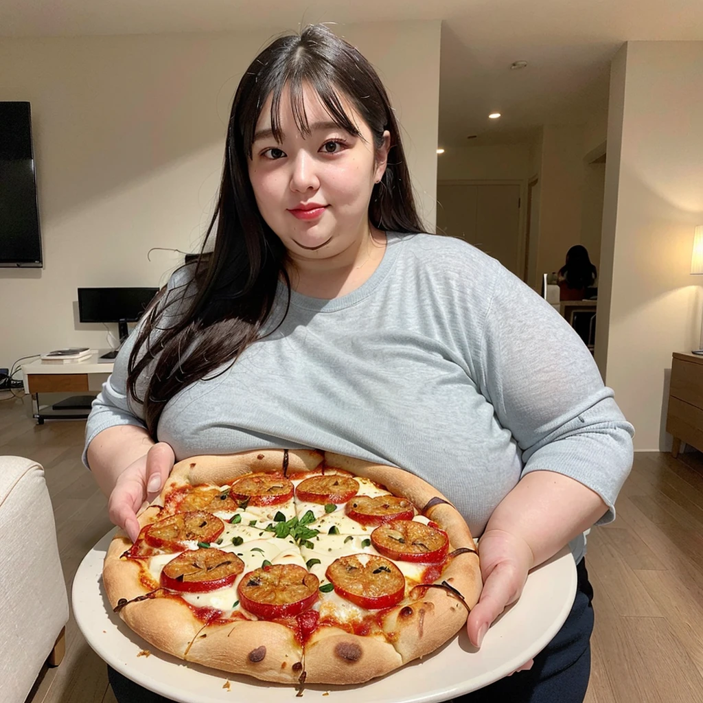 (((A very fat woman and a beautiful skinny woman)))、Eating a big pizza、In the living room、In plain clothes、