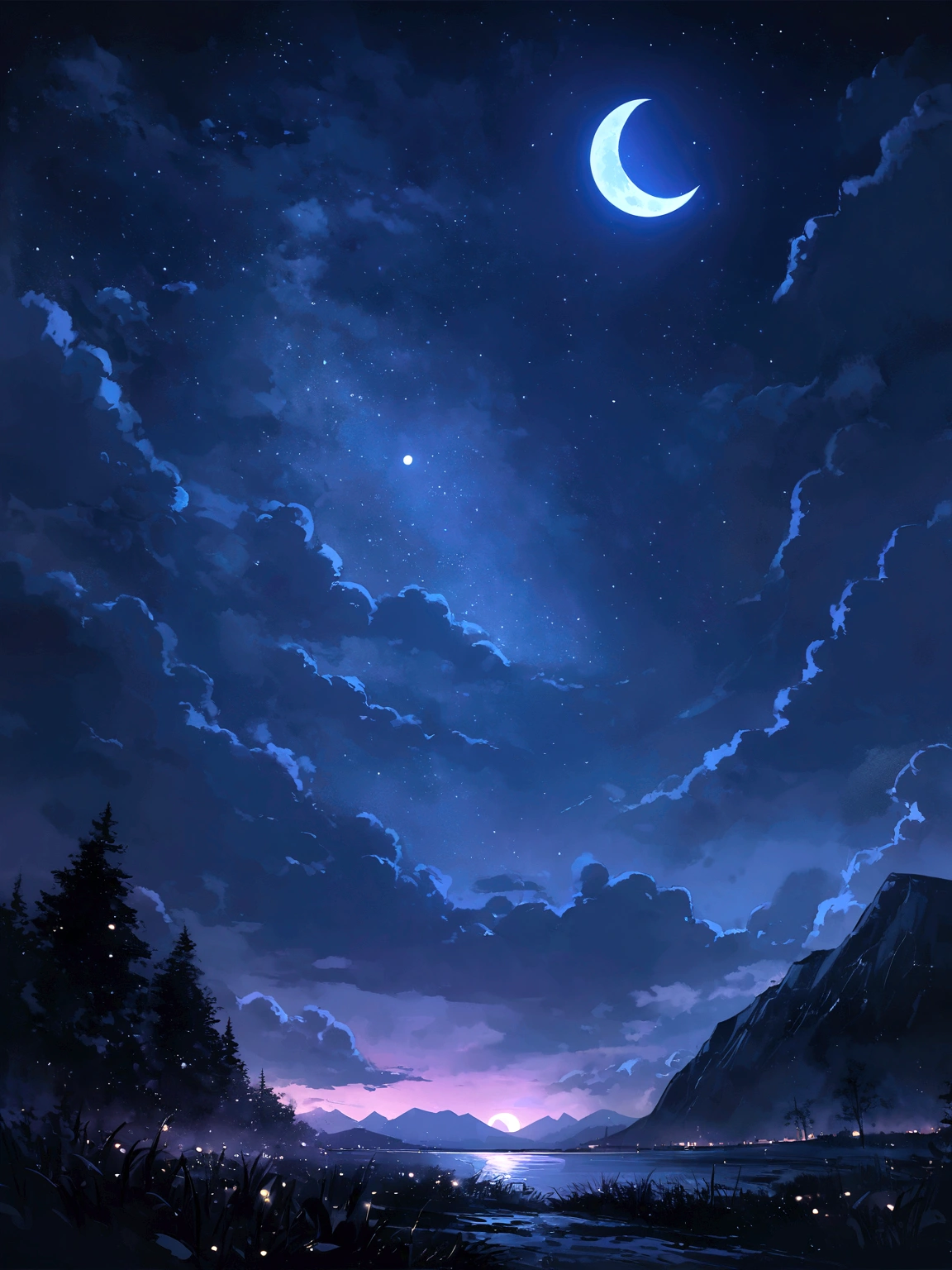 A new moon appeared in the sky,Clouds and mountains in the background, Muggur, flickr, letter, Moonlit Night dreamy atmosphere, Beautiful moonlight night, Moonlit Night sky, Beautiful moonlight, Moonlight Background, Beautiful moonlight, Moonlit Night, crescent moon in background, Moonlit Nightscape, There is a big fish crabapple in the moonlit night sky