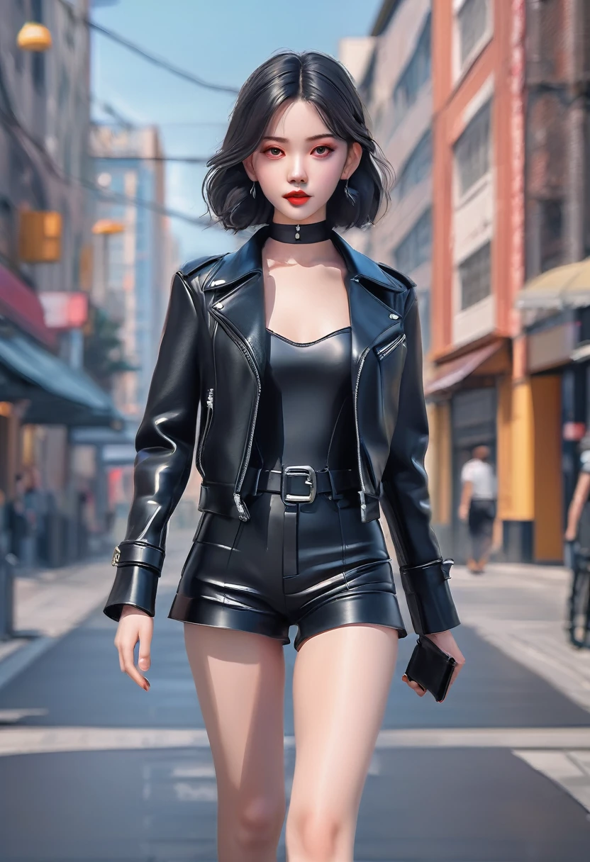 Anime style woman wearing black leather outfit walking down a city street, Anime Style. 8K, Realistic Anime 3D Style, Digital anime illustration, modern Anime Style, Gweiz-style artwork, Anime Style character, Anime Styled 3d, Anime realism style, Style Anime, Smooth anime CG art, clean detailed Anime Style, Realistic anime art style