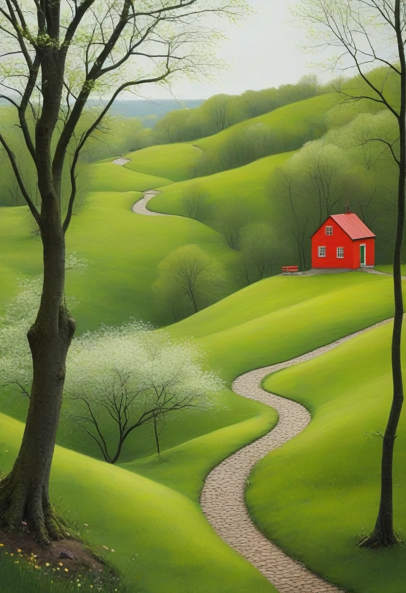 View from the window:Minimalism,spring,Woods and winding paths,Old man back,The little red house in the distance,Green Theme