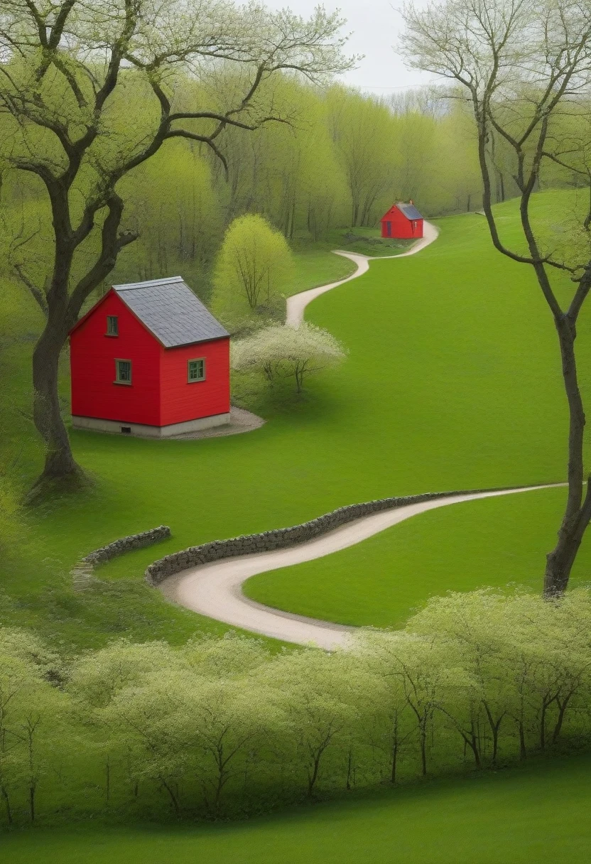 View from the window：Minimalism，spring，Woods and winding paths，Old man back，The little red house in the distance，Green Theme