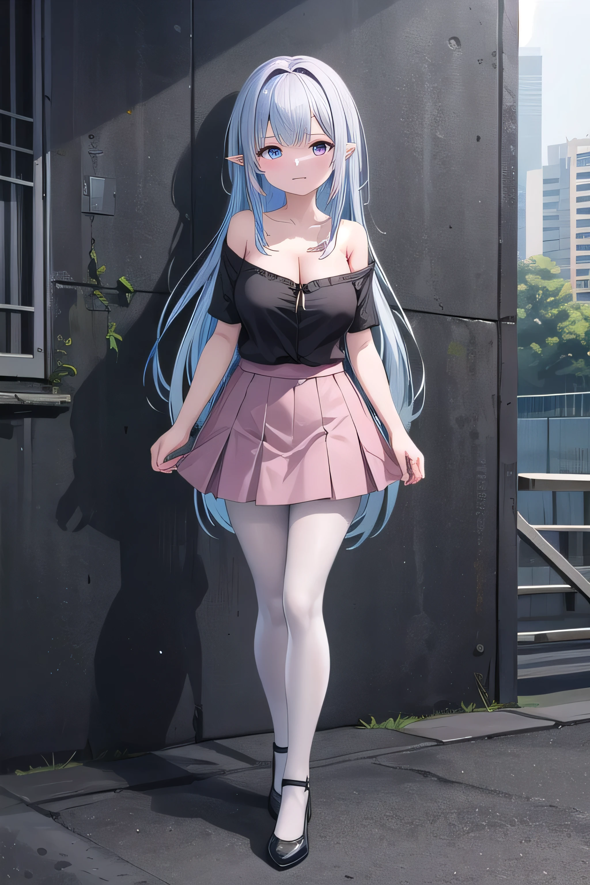 最high quality、high quality、best image quality、8K、最High resolution、High resolution、最high quality、masterpiece、whole body photos、 skin in every detail、 face in every detail、 eyes in every detail、 lips in every detail、 teeth in every detail、 ears with attention to detail、 hair with detailed details、arms with attention to detail、 hands with attention to detail、 fingers with attention to detail、 (fine hands、thumb１reference４)、 legs with attention to detail, feet with attention to detail, 8k, ultra HD, sharp focus, details hair, beautiful hair, details face, beautiful detail eye, details pupil, perfect hand, vibrant colours, soft lighting.

1girl, long hair, hair accessory, style hair, (pink -blue hair), light purple eyes, giant breast, saggy breasts, cleavage, black shirt, off shoulder, short skirt, beautiful skirt, pantyhose, random shoes, ahego, 

at park, evening, standing beside wall, city